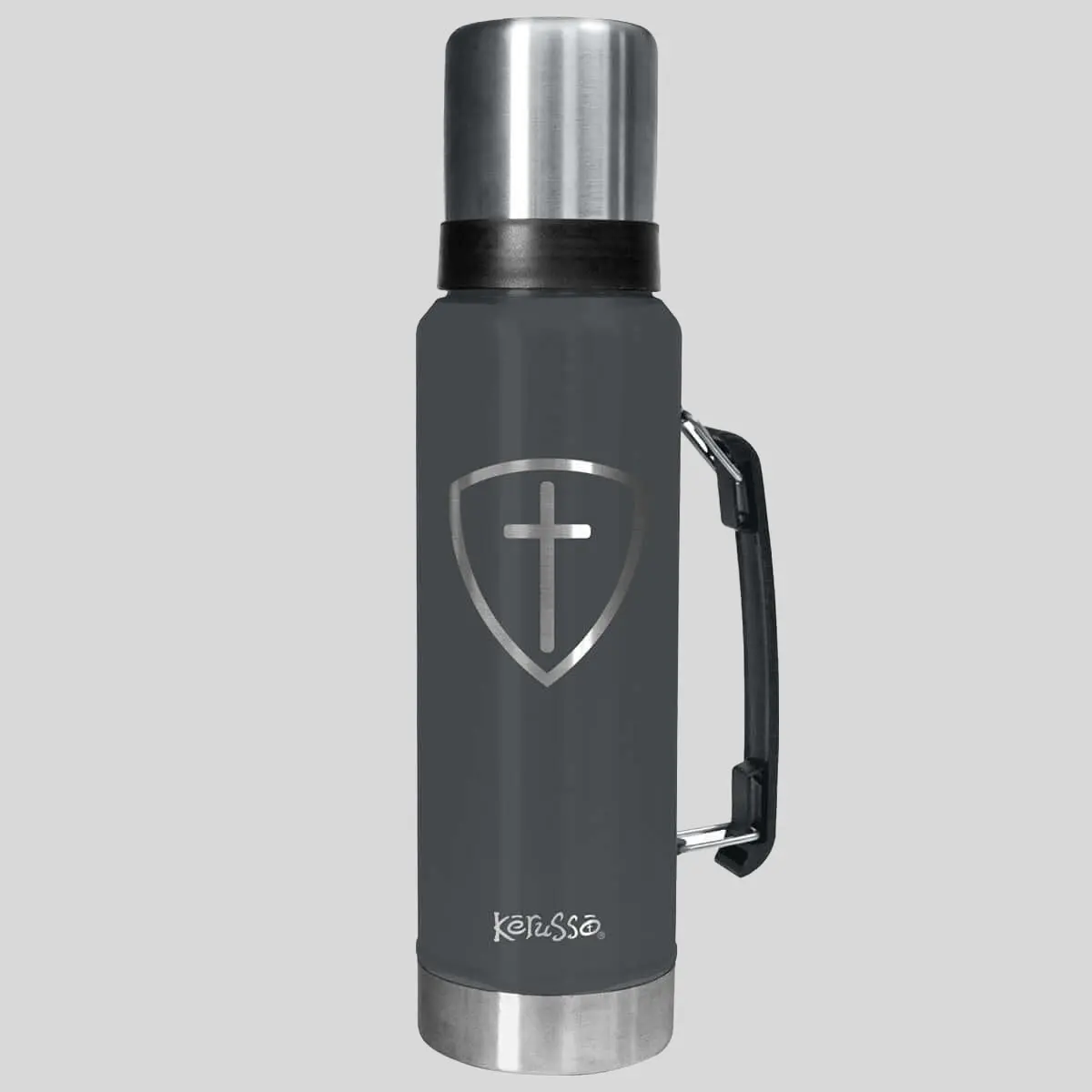 Kerusso 42 oz Stainless Steel Magnum Vacuum Flask - Wide Mouth BPA-Free Steel Drinkware, Etched Cross Shield Message, Rugged Build, Secure Lid, Adjustable Flow for Beverage Truck & Home Use