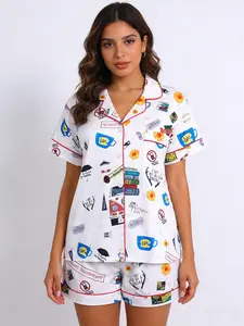 2-Piece Women's Sleepwear Loungewear Pajama Set, Office Wear Printed Short Sleeve Shorts, Casual Fitted Top with Small Pocket, Elastic Waistband