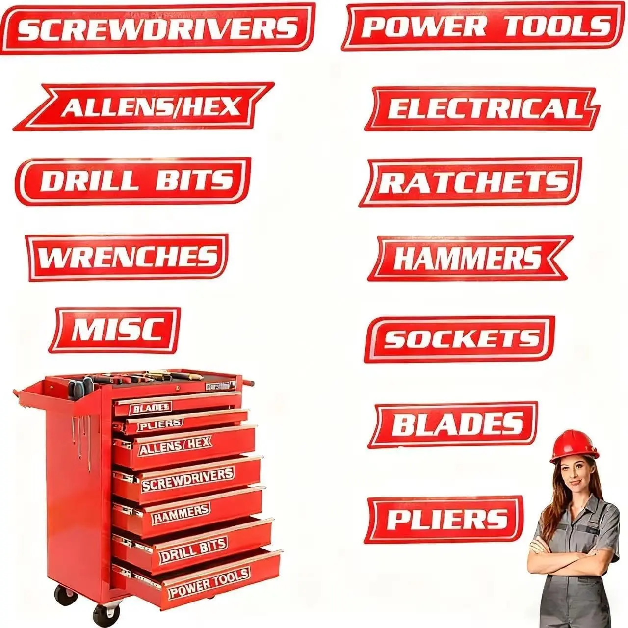 12-Pack Magnetic 3D-Printed Tool Box Labels, Reusable Organizer Tags for Steel Toolboxes, Drawers (Red) - Home Supplies Decorative Stickers