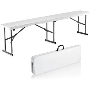 Father's Day Gift VEVOR Plastic Folding Bench, 6ft Portable Folding Bench, Smooth High Density Polyethylene Waterproof Outdoor Bench, Picnic Camping Table with Handle for Garden Soccer Playtime, White (1 Pack)