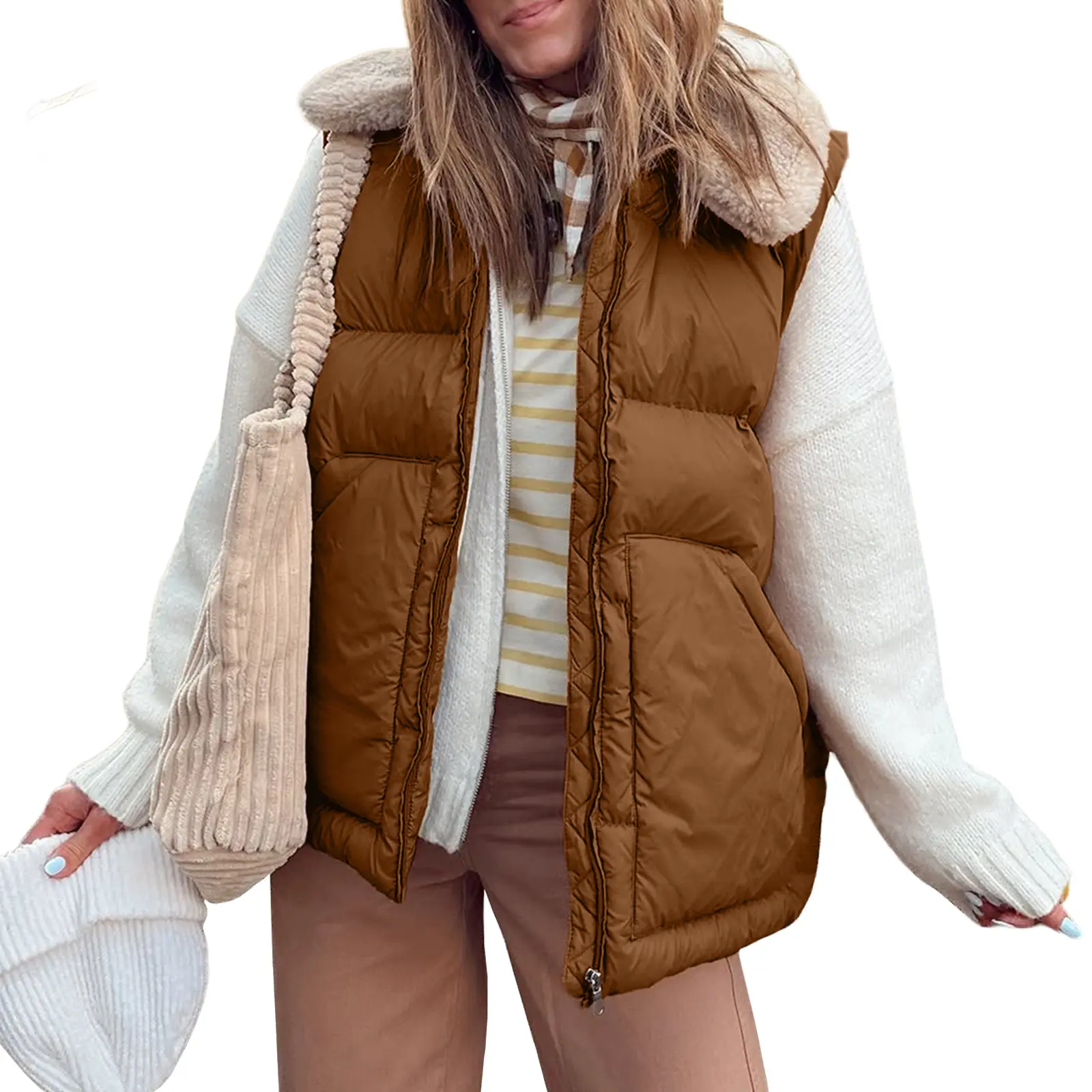 Dokotoo Women Casual Sleeveless Zip Up Stand Collar Vest  Outerwear Quilted Winter Vest Tops Womenswear