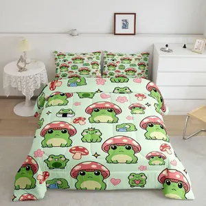 Feelyou Cartoon Theme Mushroom Frog Duvet Set - Polyester Fiber Multi-Size Bedding with U-Stitching, Cute Mushroom & Animal Plant Design, Travel-Ready Kids Bedroom Decor (Pink, Green)