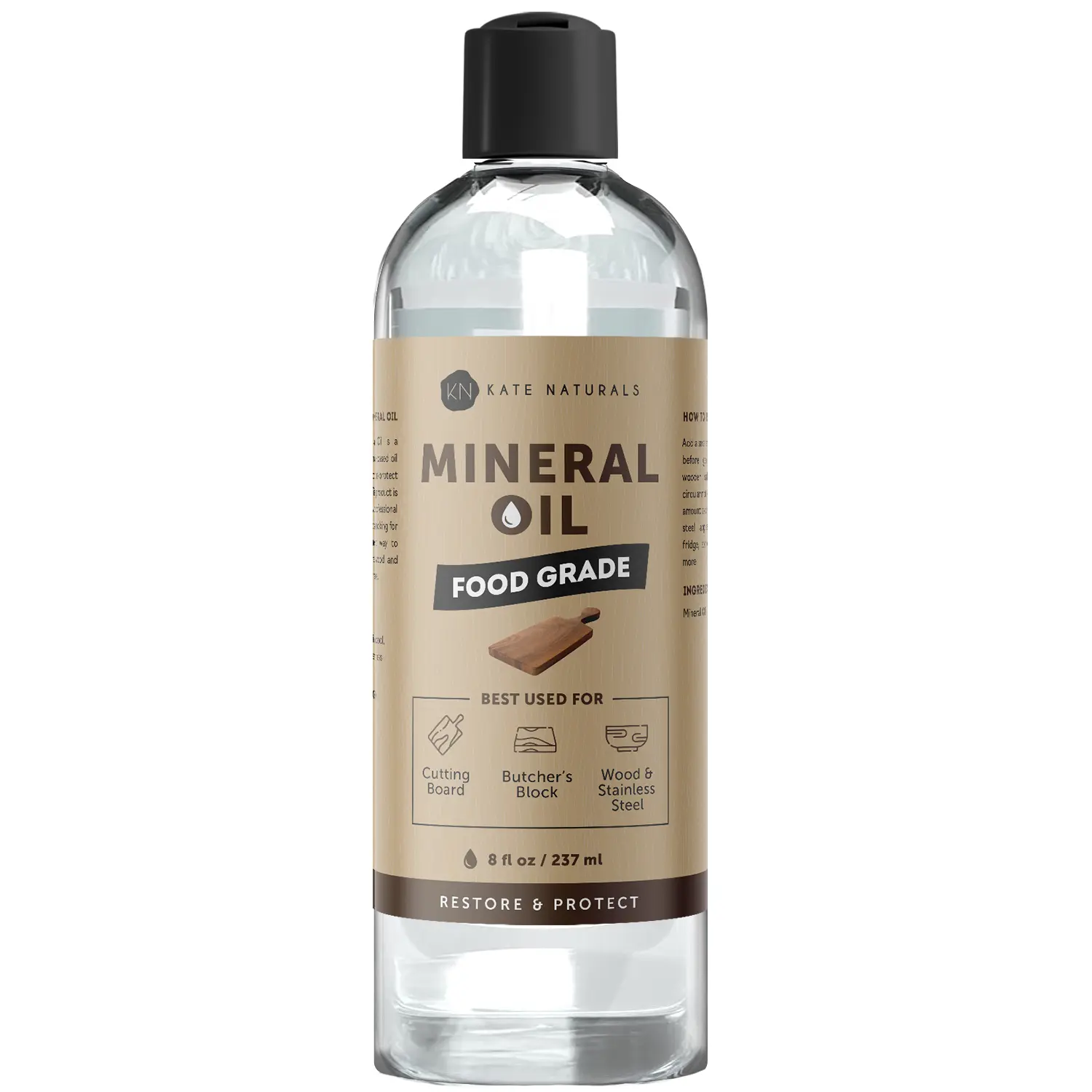 Kate Naturals Food Grade Mineral Oil for Cutting Boards, Butcher Blocks & Wood — Odorless, Colorless Wood Conditioner & Protector | Safe for Kitchen Surfaces, Wooden Utensils & Countertops (8oz)