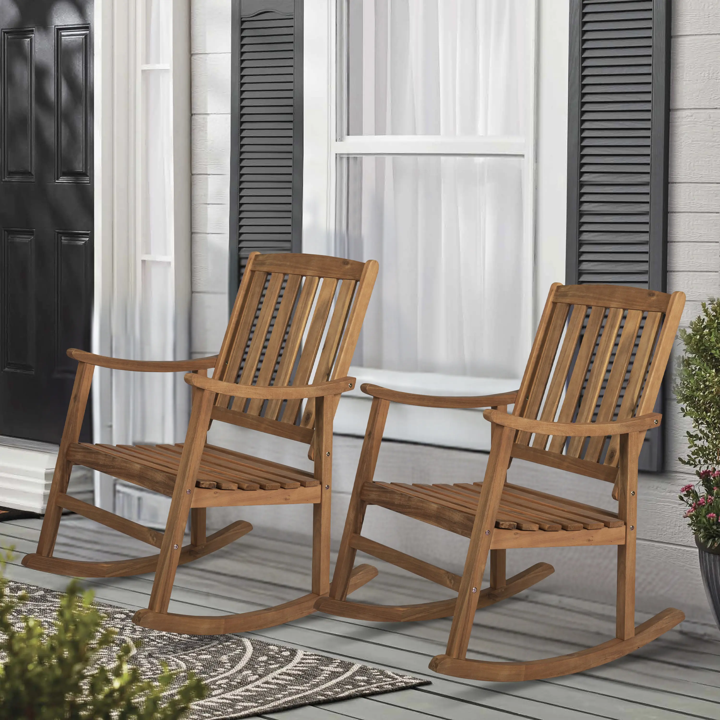 JONATHAN Y Perry Classic Slat-Back Acacia Wood Patio Rocking Chairs (Set of 2) - 300-Lbs Support, Teak Garden Chair, Outdoor Seating Furniture