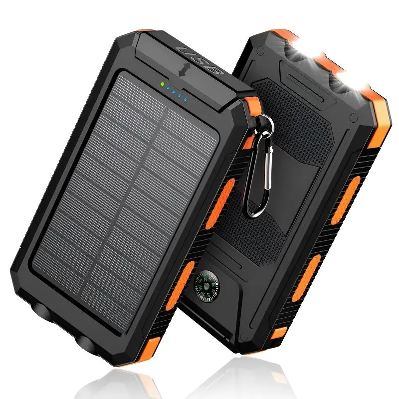 [FREEShip] 10000mAh Solar Portable Power Bank, Fast Charging External Battery Pack with Dual USB Outputs, Built-in LED Flashlight & Practical Compass, IP65 Waterproof Solar Phone Charger for Camping, Hiking and All Outdoor Adventures