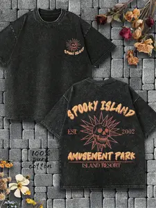 Men's High-Quality 100% Washed Cotton Fitted T-Shirt, Spooky Island Skull Graphic Print, Halloween Casual Daily Wear, Short Sleeve Long Fit