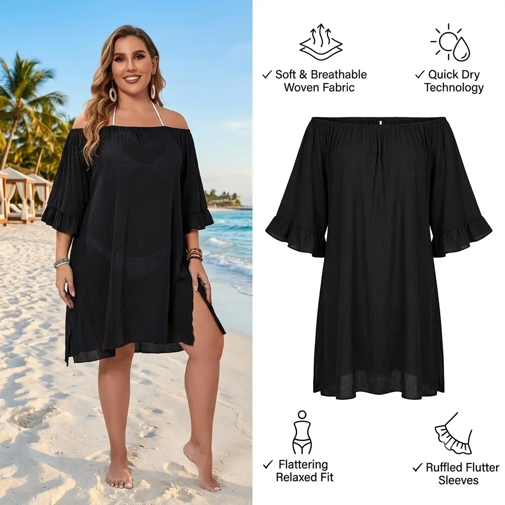 Plus Size Women’s Black Beach Cover Up Dress, Lightweight Sheer Swim Cover Up for Women, Summer Resort Wear, Loose Fit Short Sleeve Swimsuit Cover Up for Beach Vacation & Pool Days