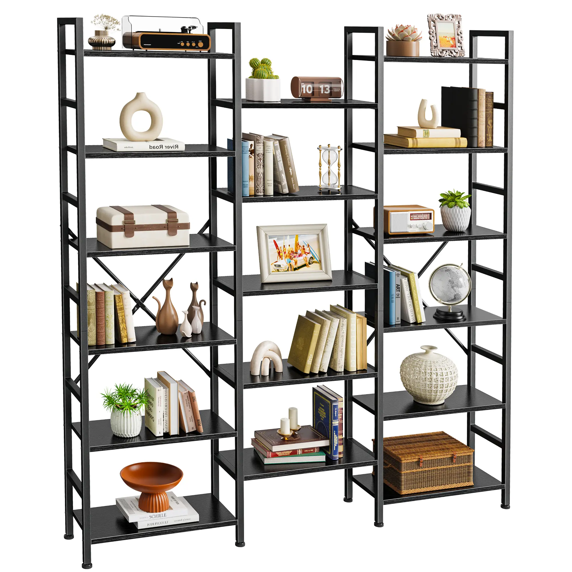 Huuger Modern Bookshelf Furniture - Triple 6-Tier Book Stand with 17 Display Shelves, Wide Storage Unit for Living Room & Office Use