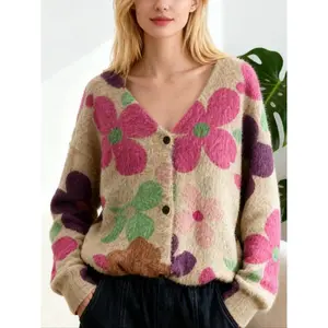 Women's Floral Print Button Front Knit Sweater Coat, Casual Fitted Outerwear for Fall & Winter, Outdoor Leisure Style