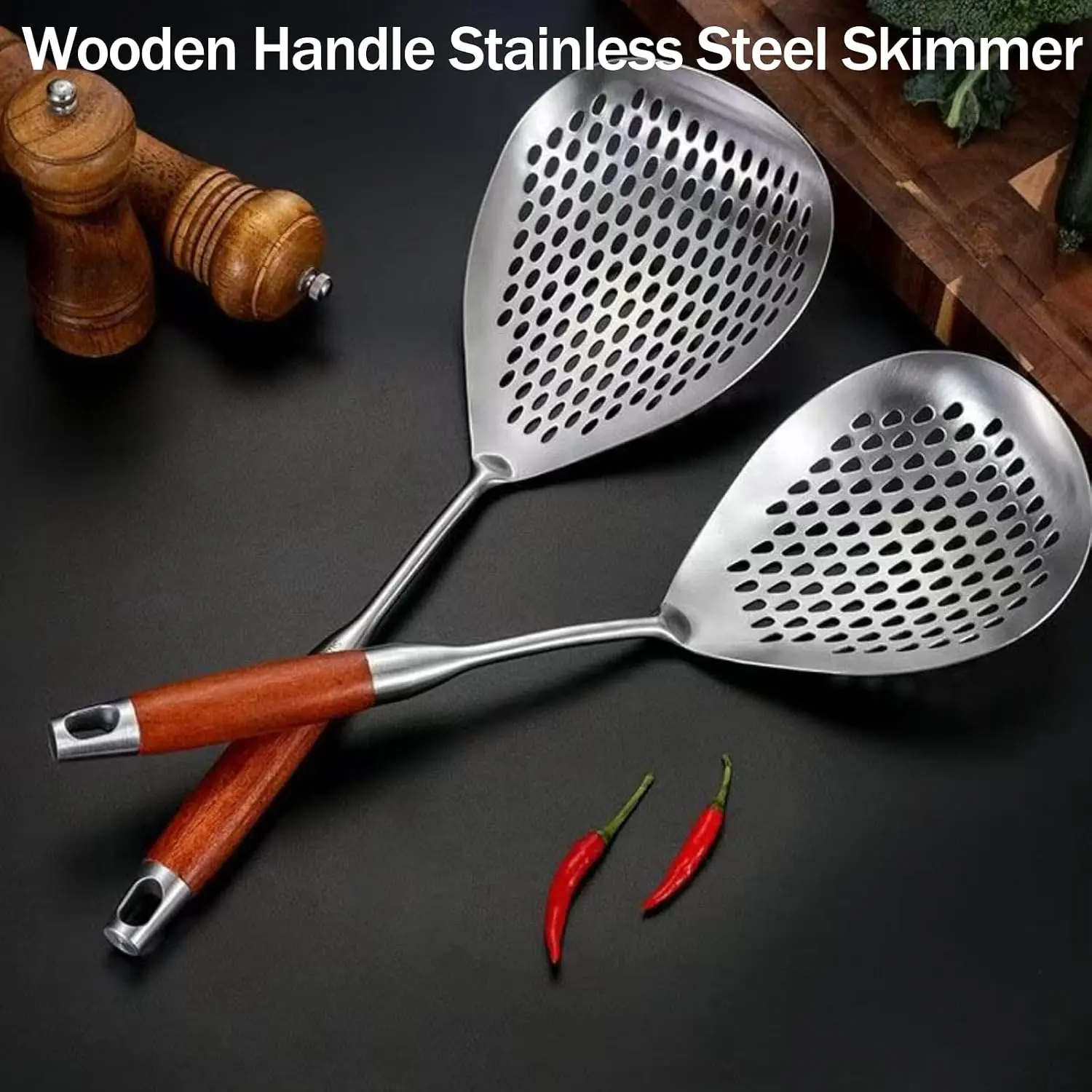 Wooden Handle Stainless Steel Skimmer, Skimmer Slotted Spoon, Ladle Spoon with Heat-Resistant Long Handle, Extra Thick Spider Strainer for Deep Frying, Boiling & Fast Oil Draining (1PC)