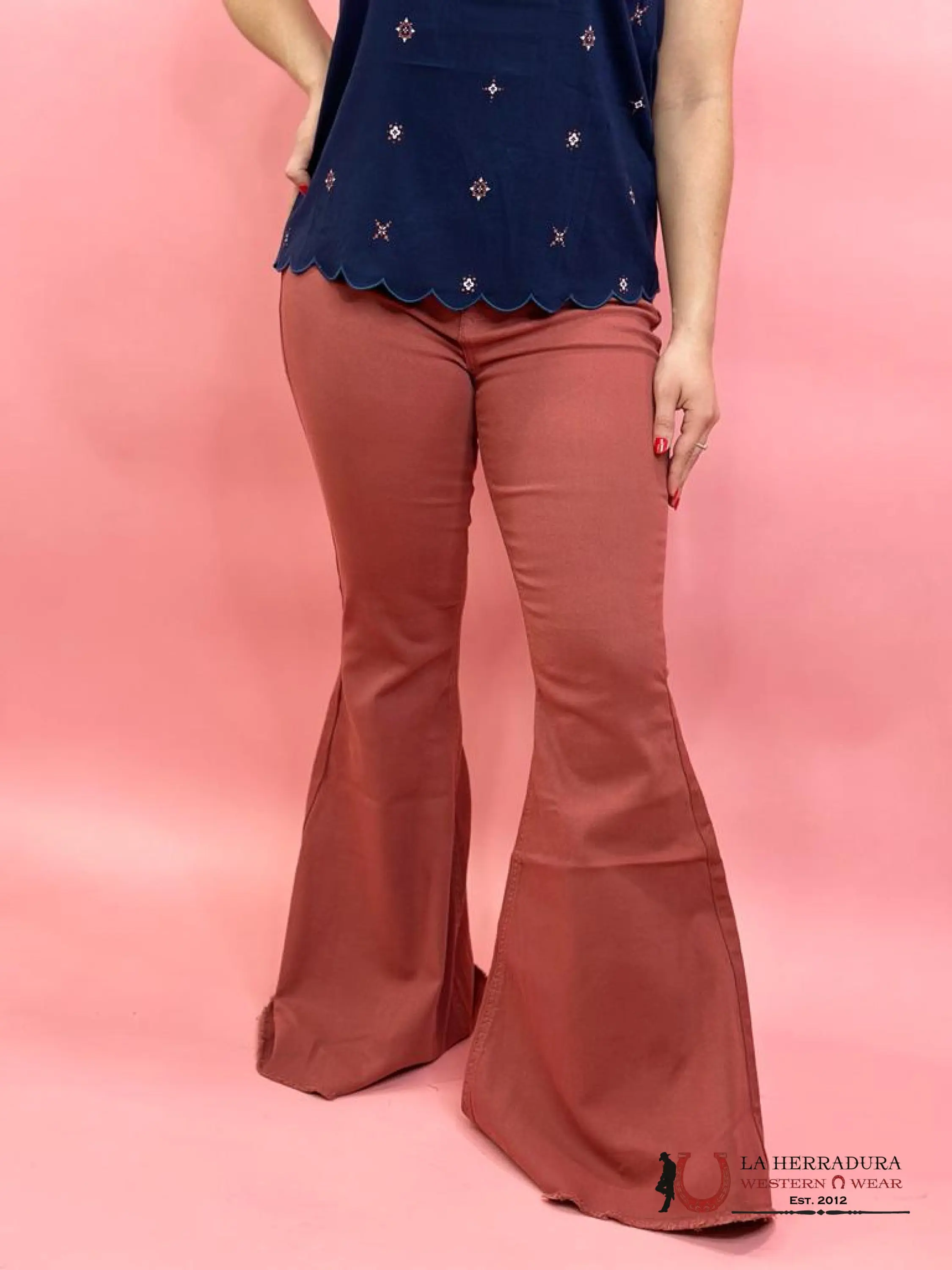 Women's Bell Bottom Jeans - Rock&Roll Rose/Mauve Button Closure, Denim Fabric, Fashion, Basic Casual Comfortable Style
