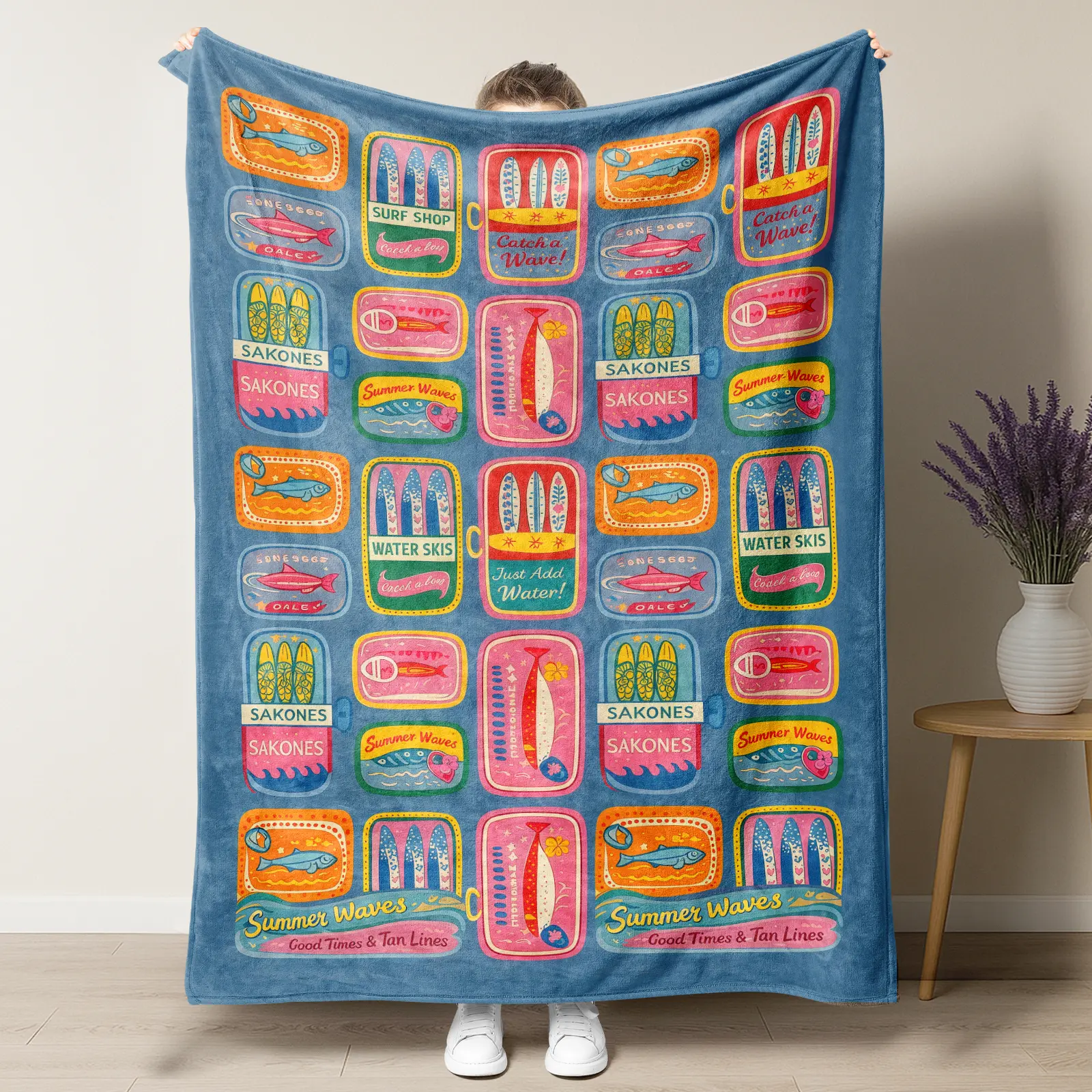 Summer Sardine Can Print Soft Lightweight Blanket,Coastal Camping Throw,Breathable "Catch a Wave" Blanket,Air Conditioning Blanket for Beach Trips,Picnics and Summer Nights