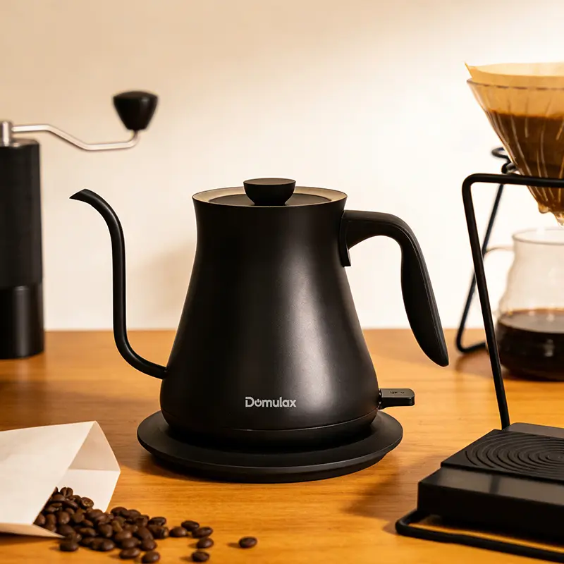 Gooseneck Stainless Steel Electric Kettle (Ebony Black) - 1000W, 0.8L, Temperature Control, Quick Heating, 1-Click Operation, Built-In Brew Timer, Coffee & Tea Maker, Coffee Equipment