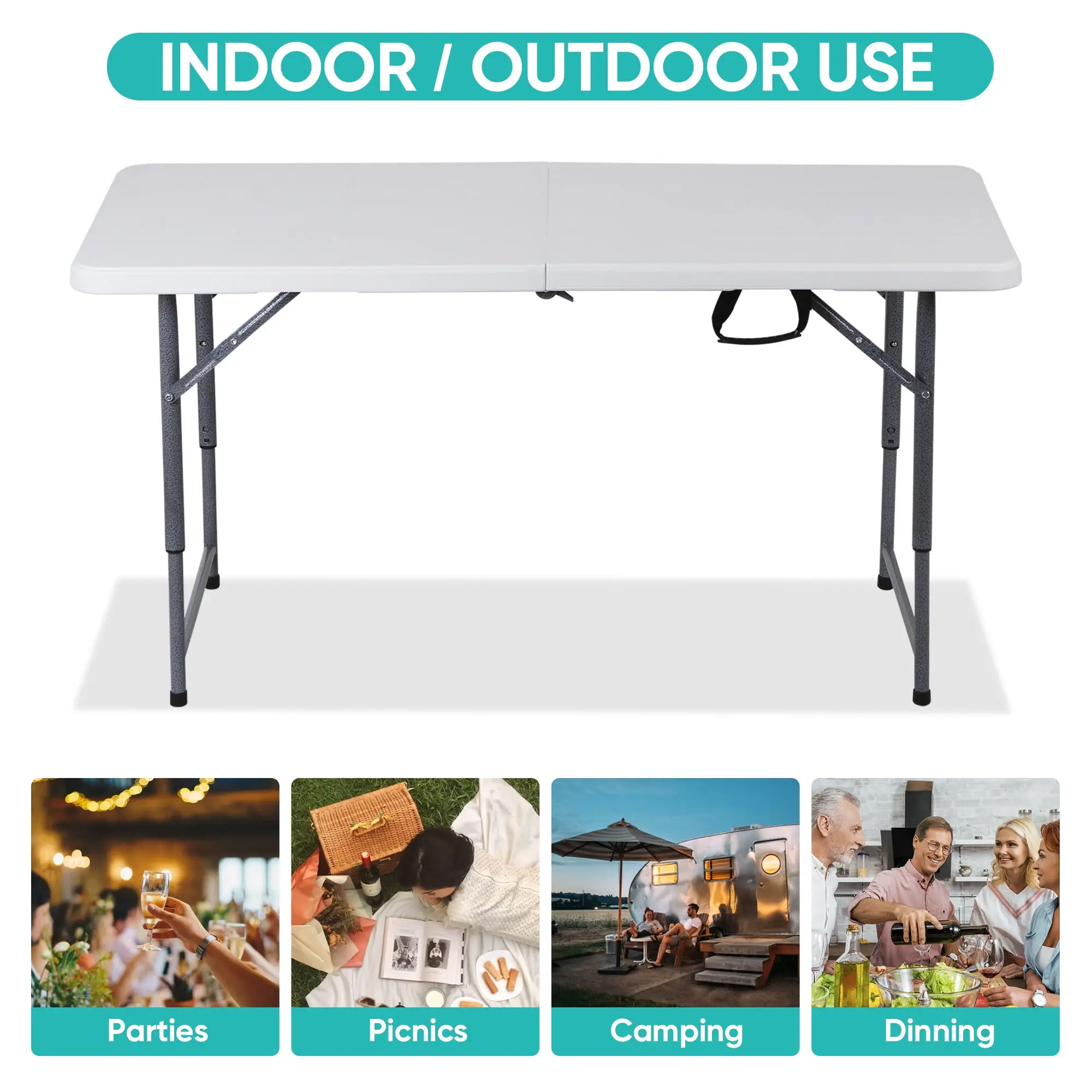 Segawe 4FT Folding Plastic Picnic Table - Folding Tables with HDPE Top, Adjustable Height, Carrying Handle for Compact Outdoor Portable Dining, Parties,summerwins