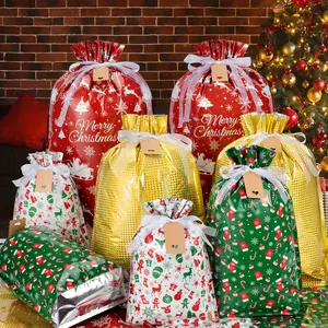 40Sets Christmas Drawstring Gift Bags with Tags, Xmas Gift Bags Assorted Sizes Bulk, Large Medium Small Holiday Gift Bags Foil Gift Wrapping Bags for Christmas Presents Party Favor Goody Sack