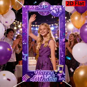 2D party photo props. KPOP disco ball and neon notes birthday theme purple background, including microphone photo frame, party banner background cloth. Music party decoration for birthday party background. Wedding party photo props