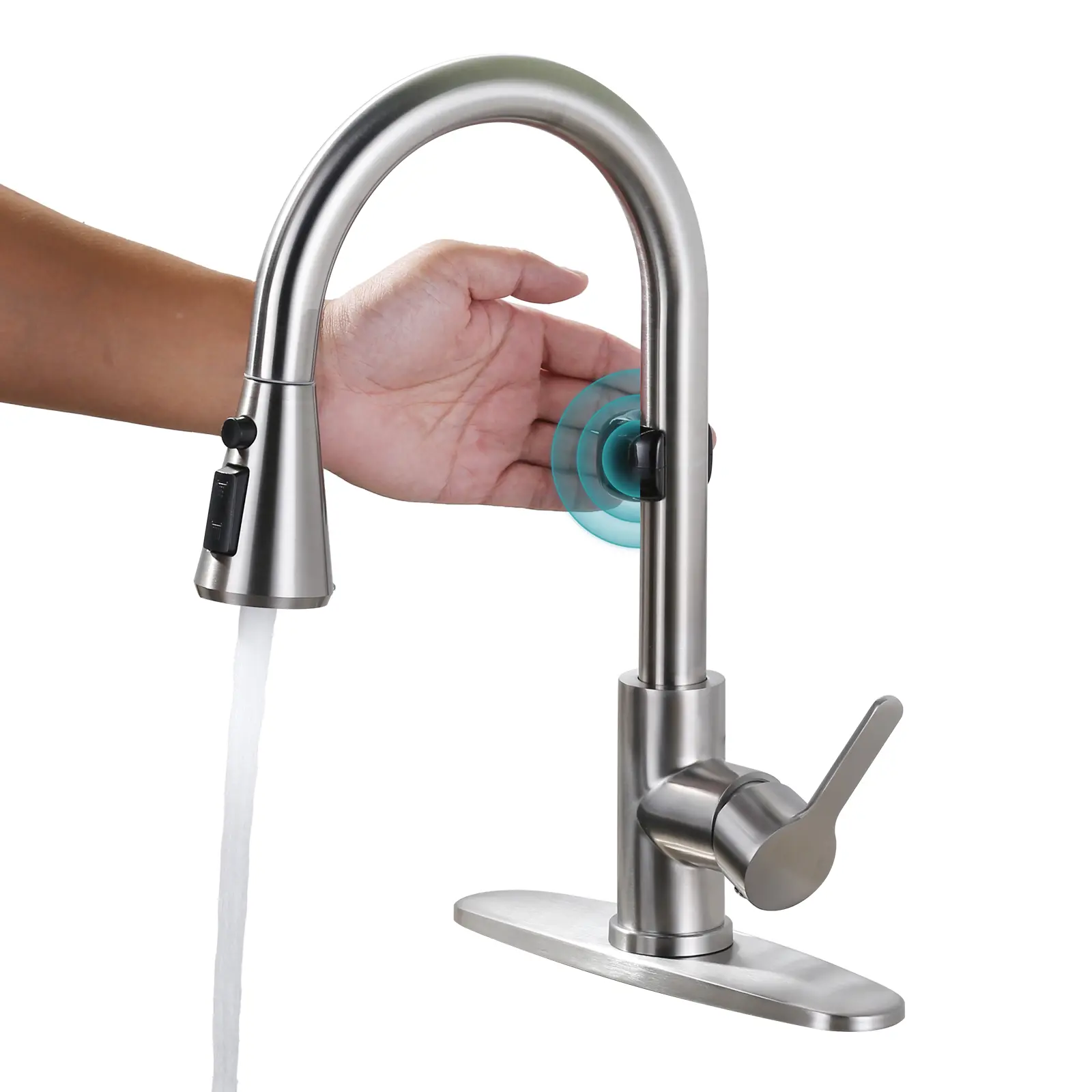 WOWOW Touchless Auto-Sensor Kitchen Faucet - Hands-Free Single Handle Pull-Down Sprayer Tap, Brushed Finish Auto-Sensor Kitchen Taps for Sink, Brushed Kitchen Taps