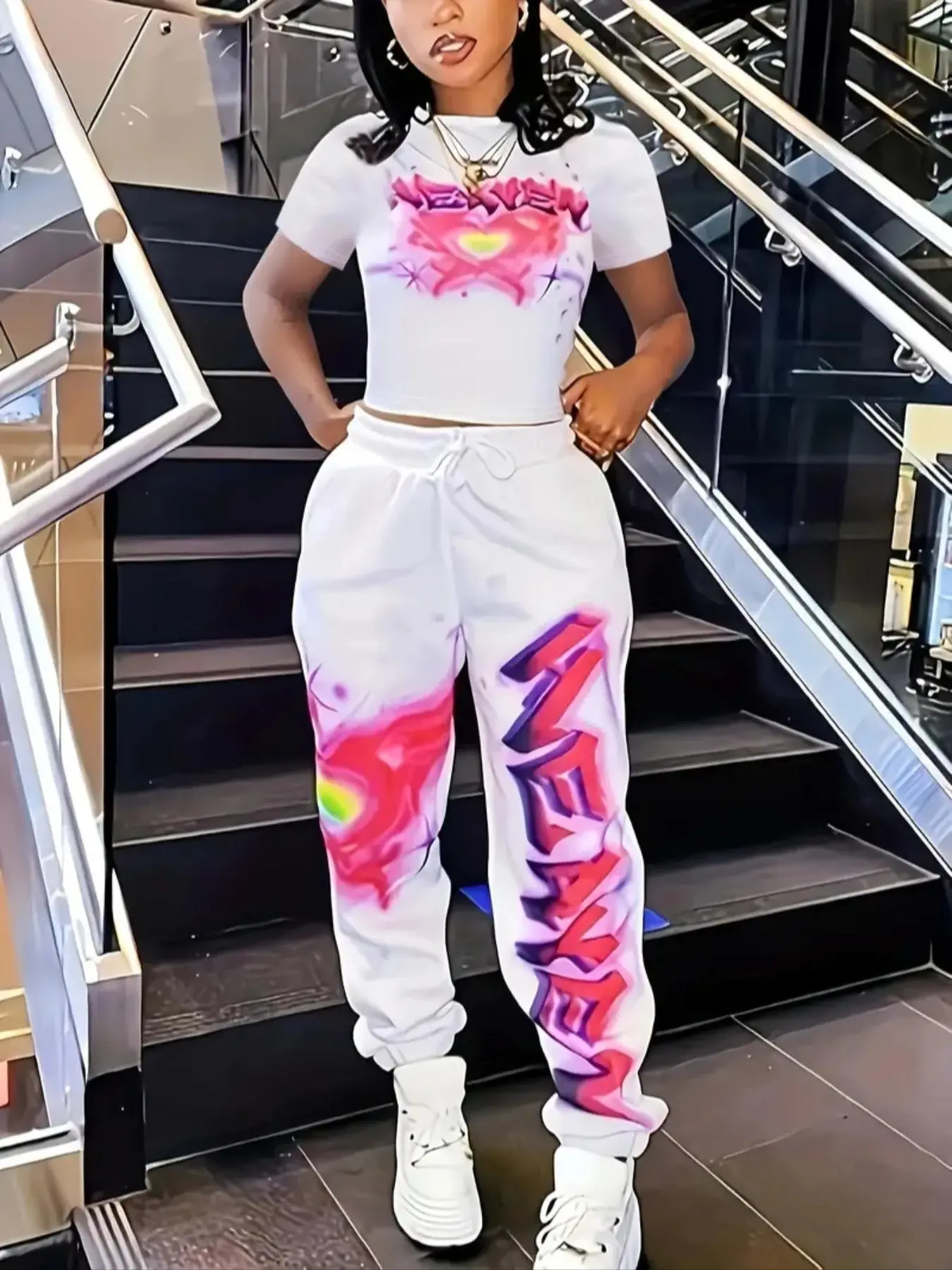 Women's Heart & Letter Print Tee & Sweatpants Set, Casual Short Sleeve Top & Jogger Pants, Women's Spring & Fall Clothes, Matching Clothing Set, Casual Lounge Set, Casual Outfit Set