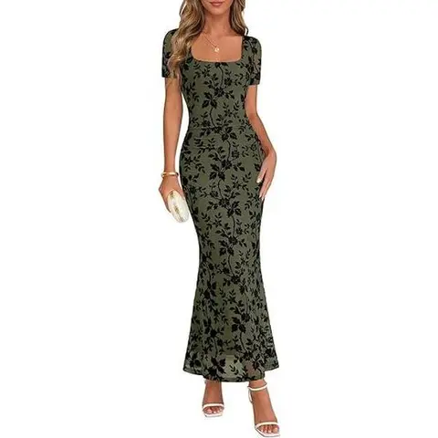 MEROKEETY Women's 2026 Summer Classic Printed Floral Maternity Maxi Dress - Short Sleeve, Square Neck, Mesh Bodycon, Romantic Vibes Special Occasion Wedding Guest Dress