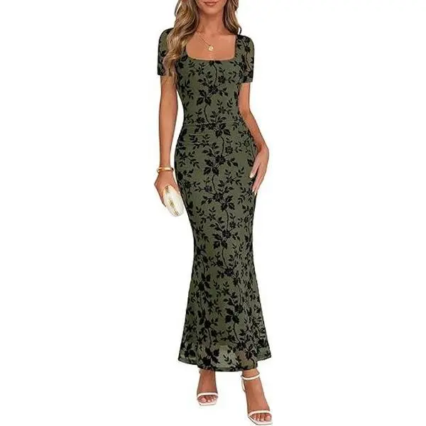 MEROKEETY Women's 2026 Summer Classic Printed Floral Maternity Maxi Dress - Short Sleeve, Square Neck, Mesh Bodycon, Romantic Vibes Special Occasion Wedding Guest Dress
