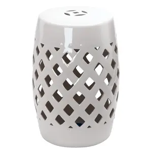 13" x 18" Ceramic Garden Stool with Woven Lattice Design & Glazed Strong Materials. Versatile Indoor/Outdoor Stool. 300 lbs Capacity. White