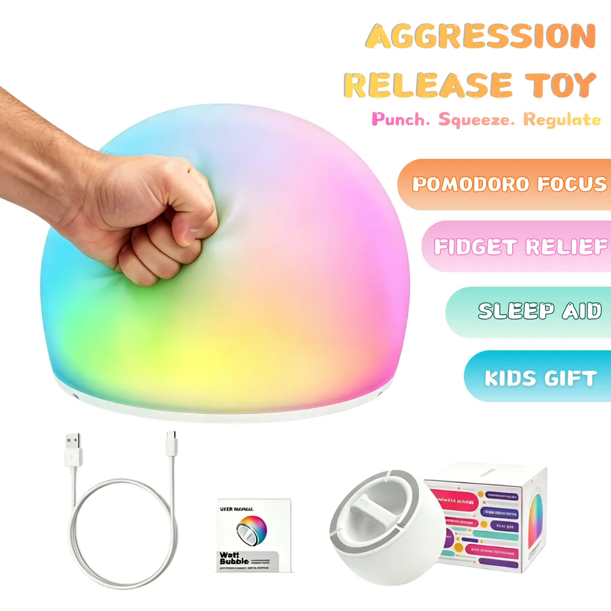 WattBubble LED Sensory Squishy Toy for Kids | Rechargeable Tap Night Light | Stress Relief Fidget Toy | Kids Calm Down Toy | BPA-Free Silicone Gift
