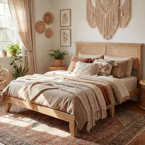 Garvee Rattan Bed Frames Available in Twin, Full, Queen, and King Sizes with Natural Rattan Headboards, Bohemian Style, LED Lighting, Sturdy Wooden Slats, Storage Options, Noise-Free Design, No Box Spring Needed, Easy Assembly