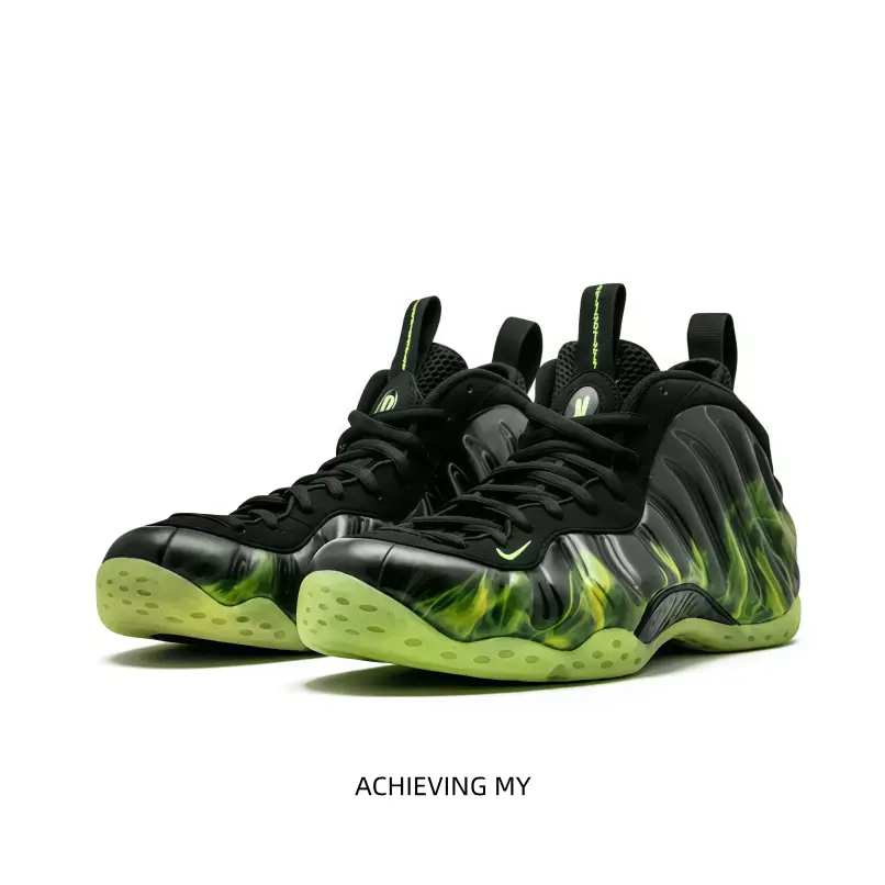 Black neon green marbled foamposite mid top basketball sneakers swirl lime green liquid print shell black laces luminous light green outsole wild unisex street performance trainers