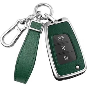 Key Case Cover For Hyundai Elantra Solaris 2 Tucson I30 I35 I40 Ix35 Kona Genesis Santa Fe Azera Verna Accent Celesta Sonata Accessories with Keychains Alloy PU Leather-Silver Green