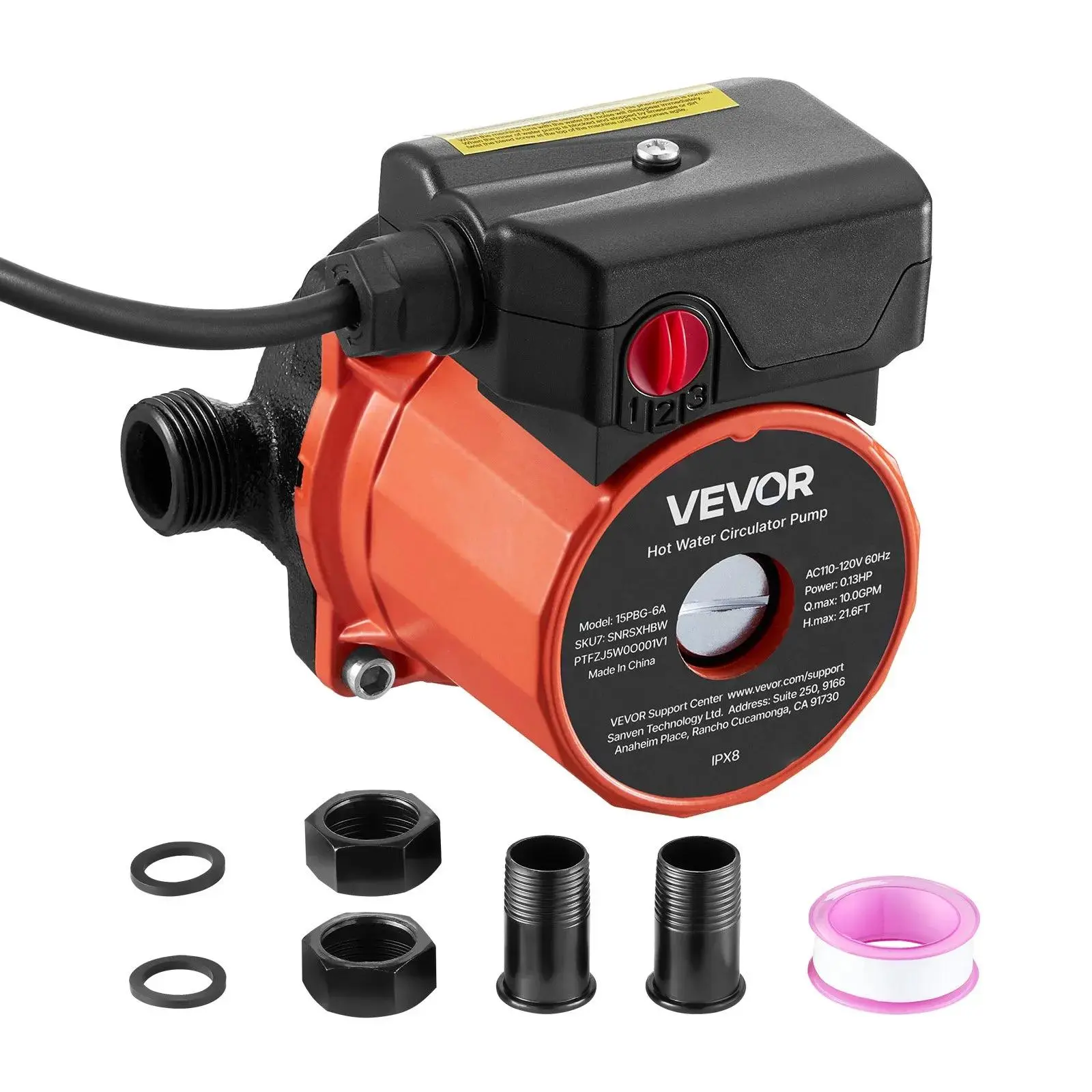 VEVOR Cast Iron Hot Water Recirculating Pump Complete Kit (1 Kit), 10.0 GPM Flow, 0.13 HP, 110-120V, 3-Speed Control, 3/4 in-1/2 in NPT Adapters, 21.6 ft Head Lift, Home System for Water Heaters, Radiators, Boilers, Kitchen Faucets