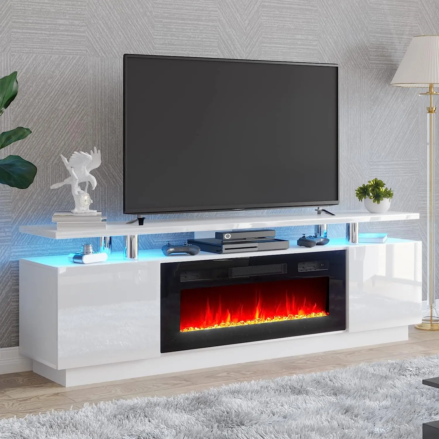 [Ships in 2 Boxes] AMERLIFE Fireplace TV Stand for Living Room, Modern High Gloss Entertainment Center with LED Lights, 2 Tier Storage Cabinet/Remote Control/Colorful Flame/Energy Efficient/Christmas Gifts[tiktokshopbacktoschool][SohoChic]