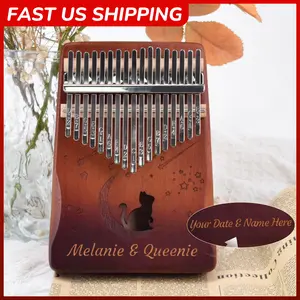 Custom Anniversary Gift Kalimba | Personalized Engraved Wooden Thumb Piano for Couples Cat & Moon Custom Wooden Instrument Gift