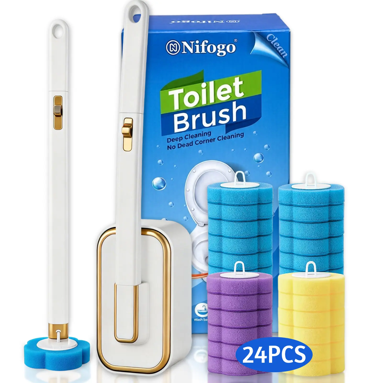 Nifogo Disposable Toilet Brush Tool Set with 24 Cleaner Refills, Wall Mount Bracket, Sturdy Handle, Easy Installation, Multi-Surface Bathroom Cleaning Kit for Bathrooms, Multi-Surfaces