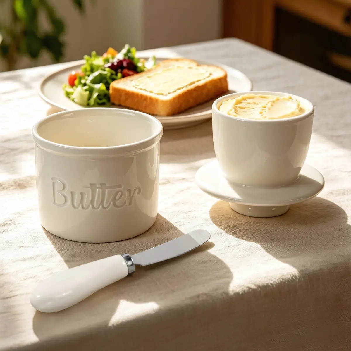 1pc  White Butter Crock with Lid for Countertop - Ceramic French Butter Dish for Spreadable Soft Butter, Butter Container Holder with a Water Seal, Housewarming Gift, Kitchen And Home Decor