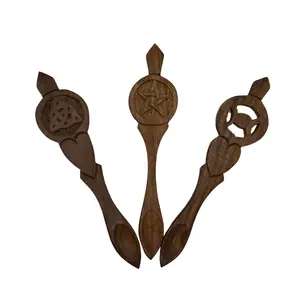 2-in-1 Wooden Witchcraft Carving Tool and Measuring Spoon - Natural Wood - Unique Designs - Enchanting Spoon - Spell Measuring