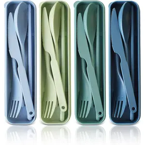 Large  Utensils Set with Case, 4 Sets Travel Utensil with Chopsticks, Portable Plastic Cutlery Set Fork Spoons  Set for Adult Lunch Accessories, Camping Flatware