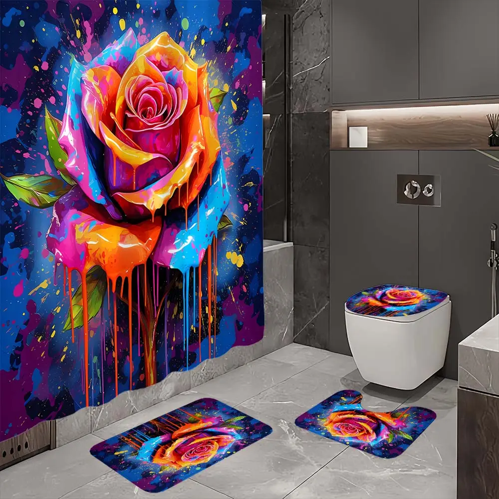 Waterproof 4-Piece Aesthetic Rose-Print Bathroom Decoration Accessories Set - Adjustable Animal Print Shower Curtain with Hooks, Non-Slip Floor Mat, U-Shaped Toilet Mat, Toilet Lid Cover, Water Proof
