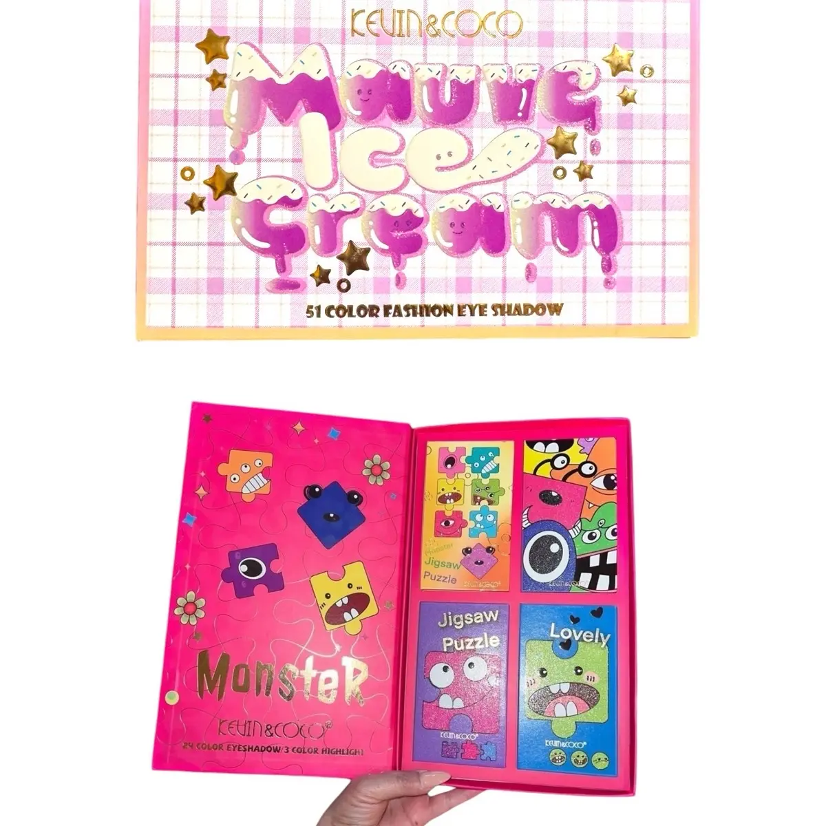 MAUVE ICECREAM 51 Rich Color Fashion beauty book/ Monster Party 4-Mini Palettes in one/Eyeshadow-Blusher-Highlighter-All-In-One-Beauty/Kevin and Coco Cosmetics