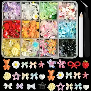 1Box 3D Transparent Bow Flower Cute Bear Resin Nail Charms Simulated Creative Orange Slices Pumpkin Strawberry Mixed Nail Art Decorations Resin Nail Gems for DIY Shoes Books Nails Accessories
