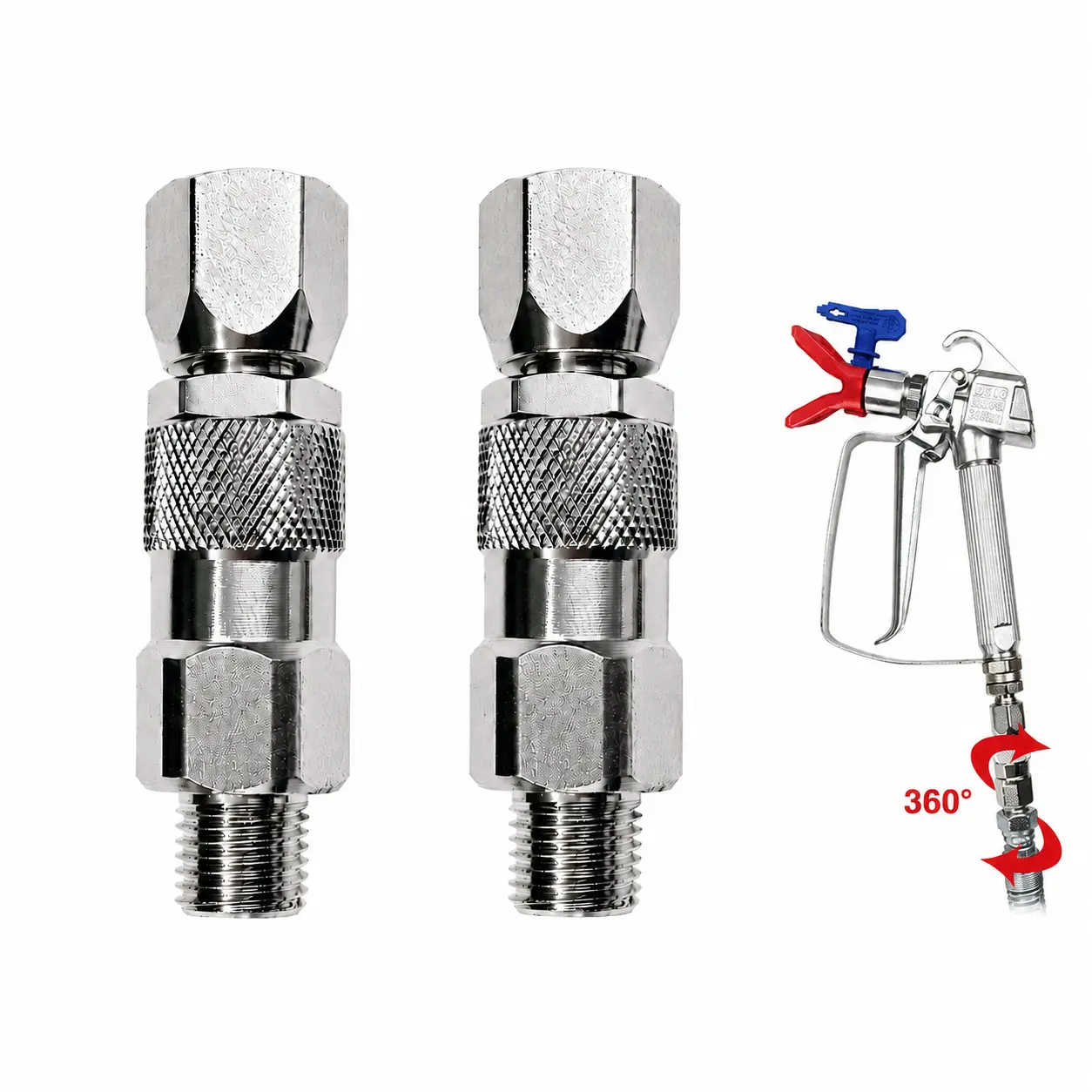 2PCS 1/4-Inch Stainless Steel 360° Rotating Swivel Joint, High Pressure Airless Spray Gun Hose Connector for Paint Sprayers Garden Hose Nozzle Heavy Duty