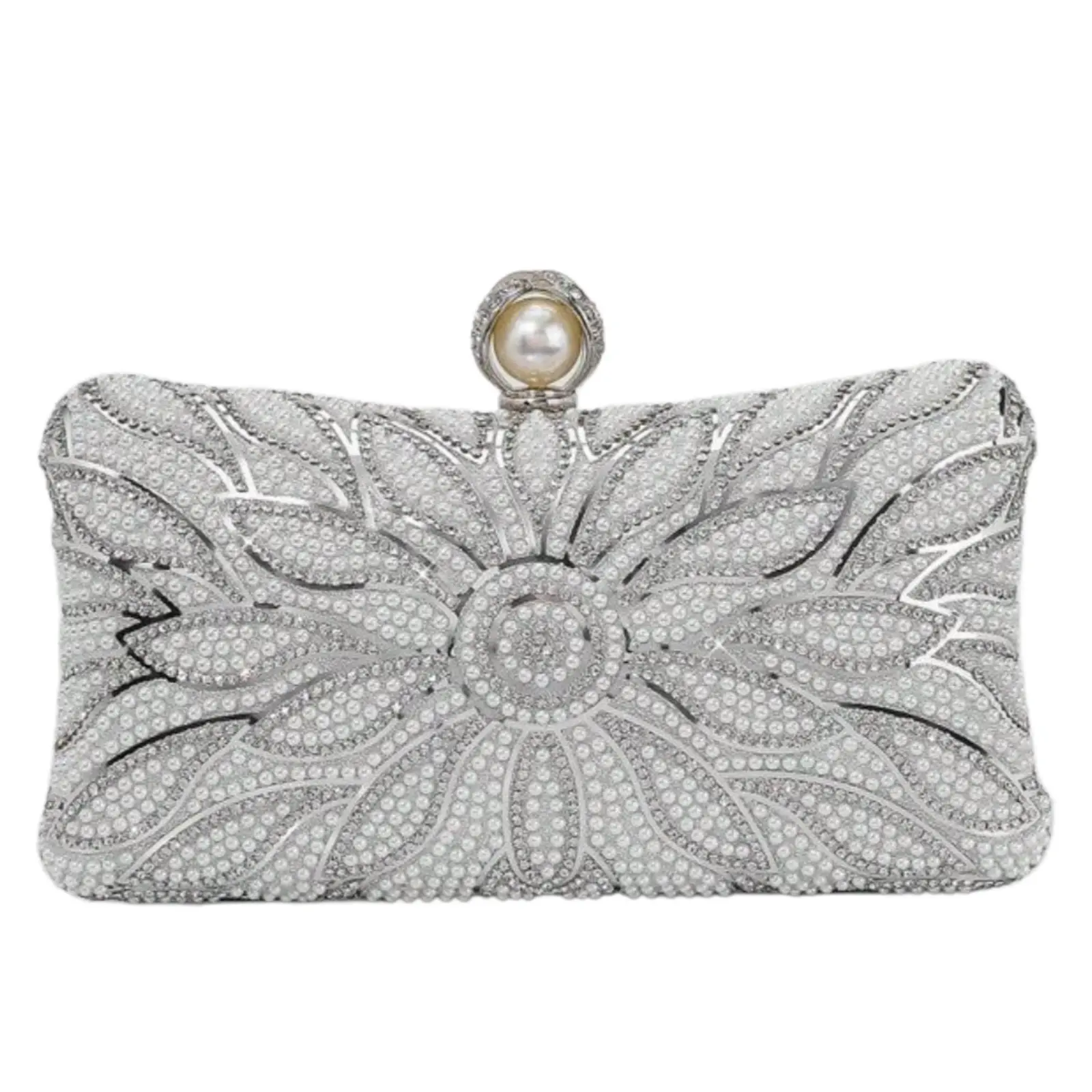 Women's Faux Pearl Box Clutch - Elegant Rhinestone-Decorated Formal Bag, Wedding Party Crossbody Bag with Shoulder Carry for Brides