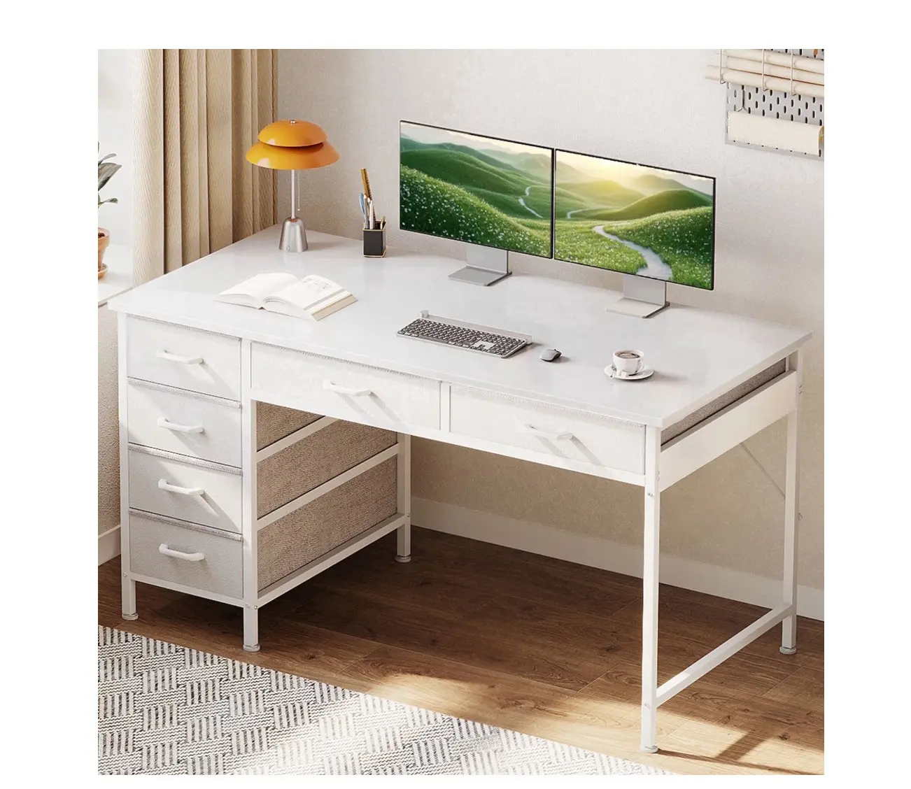 48" Home Office Desk with 6 Drawers, Small Space Computer Desk with Reversible Storage, Corner Computer Desk, White