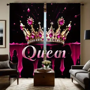Queen Crown Luxury Curtains Set, Crown & Rose Ink Print, Valentine's Day Theme, Half Light Blocking, Home Decor