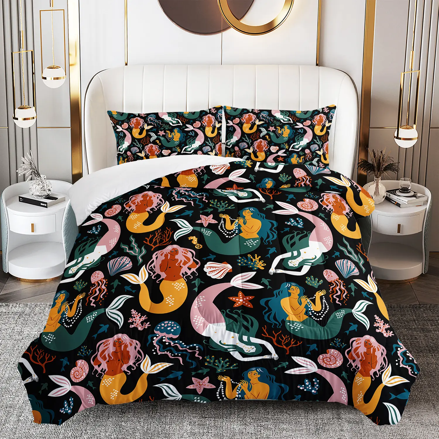 3pcs Queen Mermaid Pattern Comforter Set - Microfiber Bedding, Lightweight Soft All-Season Quilt with 2 Pillowcases, Machine-Washable Ocean Duvet Set for Girls’ Bedroom Decor, Family Gift, Queen Comforter Set