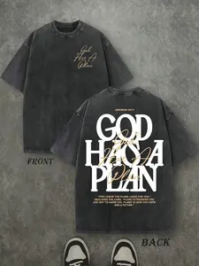 Vintage Washed "God Has a Plan" Double-Sided Print Tee | Heavyweight Christian Streetwear, Unisex Wide-Shoulder Fit, High-Quality Cotton Casual Top for Men & Women sports shirt