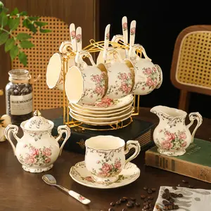 Vintage Floral European Tea Set, Tea Pot Set, 9/21/22 Pieces with Cups, Spoons & Rack, Elegant Tea Party Set for Home & Restaurant, Ideal Gift