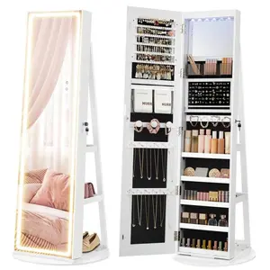 LED Jewelry Cabinet Standing, Lockable Armoire With Full-Length Mirror And Adjustable Lights, Space-Saving Organizer