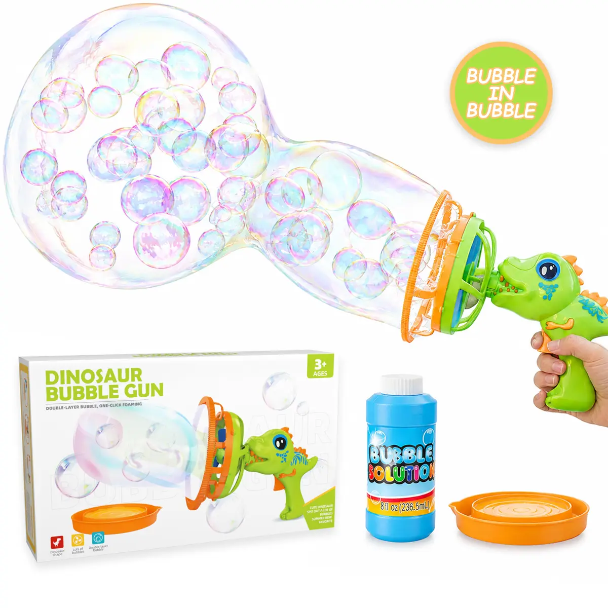 Plastic Dinosaur Bubble Blower Toy - Layered Bubble Maker for Kids 3 to 9 Years, Outdoor Summer Backyard Accessory, Birthday Perfect Gift, Easter Basket Stuffer for Boys & Girls, Blow Bubbles, Bubble Play