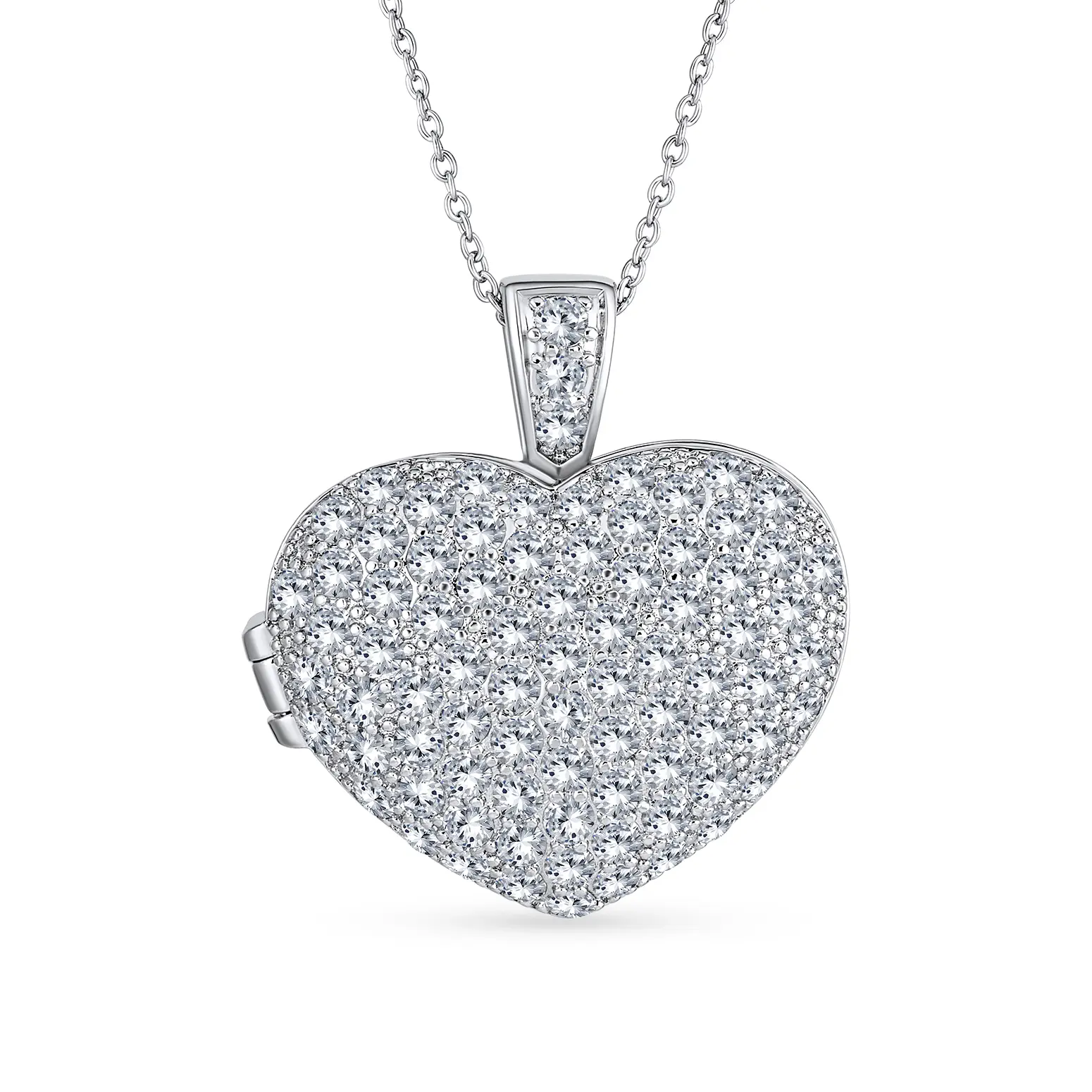 Keepsake Pave CZ Aromatherapy & Photo Large Puff Heart Shape Locket Pendant Necklace Sterling Silver