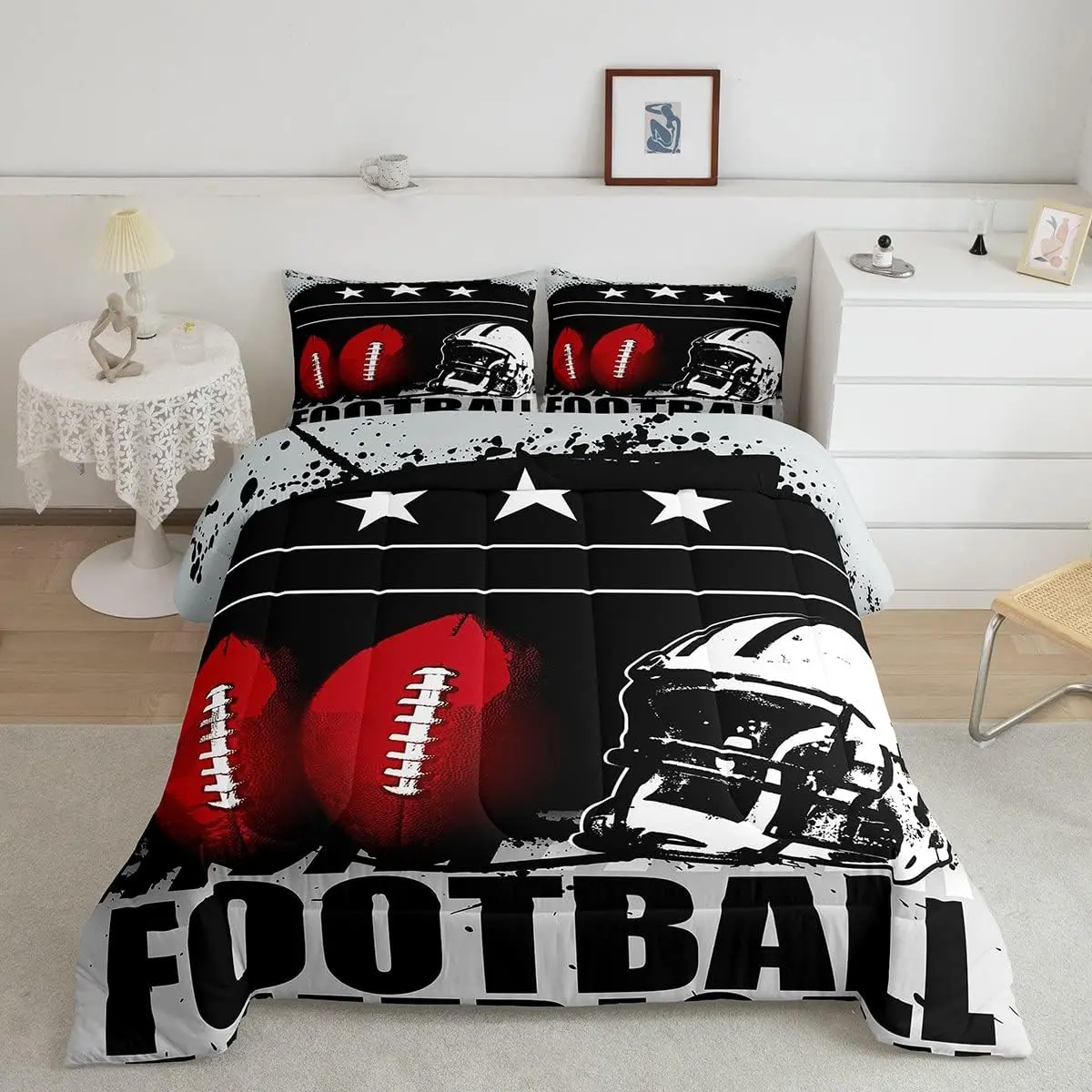 Feelyou 3D Football Print Bedding Set - Luxury Sports-Themed Black White Red Comforter Duvet, Comfortable Soccer Ball & American Football Decor Bedding, Football Design Bedding Set